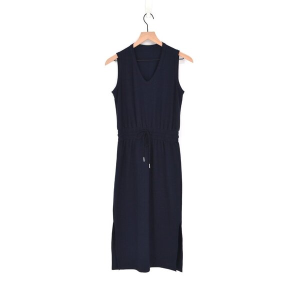 Socialite Cinched Waist V-Neck Sleeveless Midi Dress in Navy Blue Women's S - Picture 1 of 6